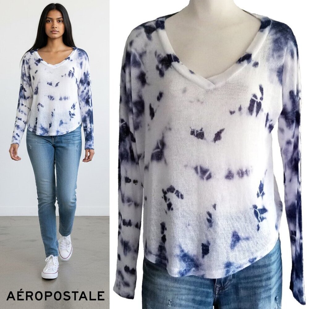 AEROPOSTALE Long Sleeve Blue and White Tye-Die Knit Top Sweater Size M